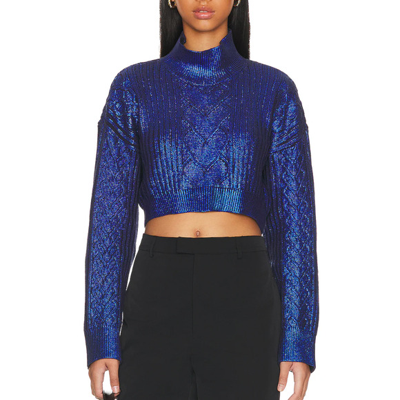 NBD Metallic Blue Crop Turtleneck Sweater XS Cable Knit Heart Designer $208 NEW - Picture 1 of 8